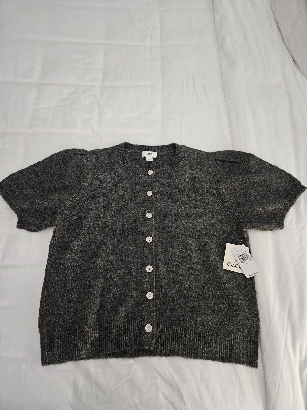 CeCe Short-Sleeve Button Cardigan - Charcoal Gray